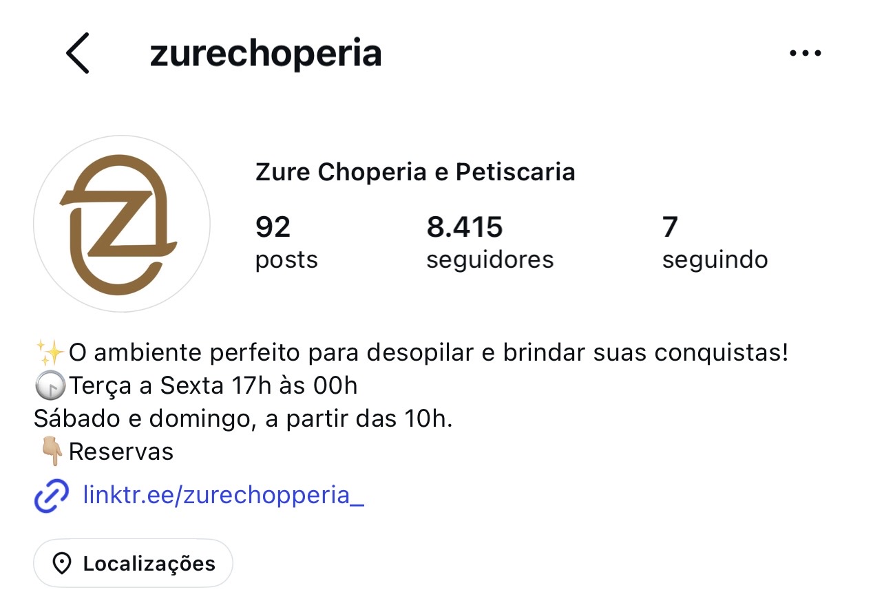 Perfil atual do Instagram da Zure Choperia