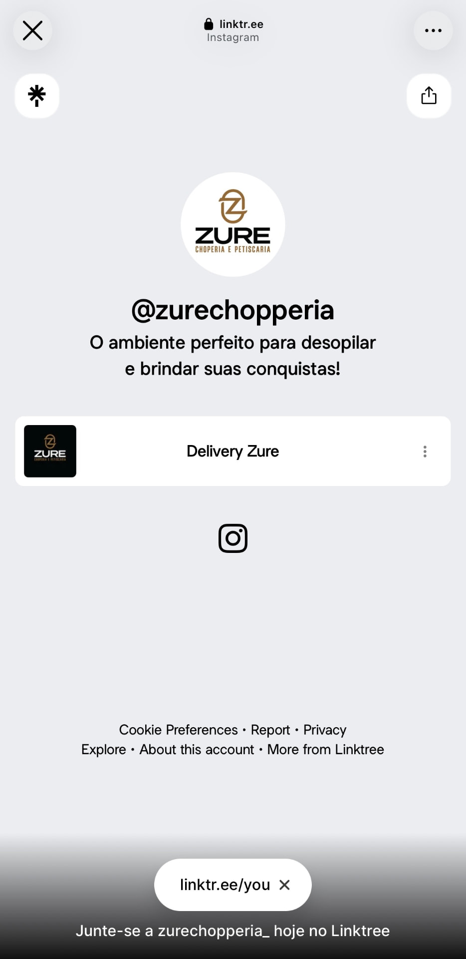 Linktree atual da Zure com um único botão de delivery